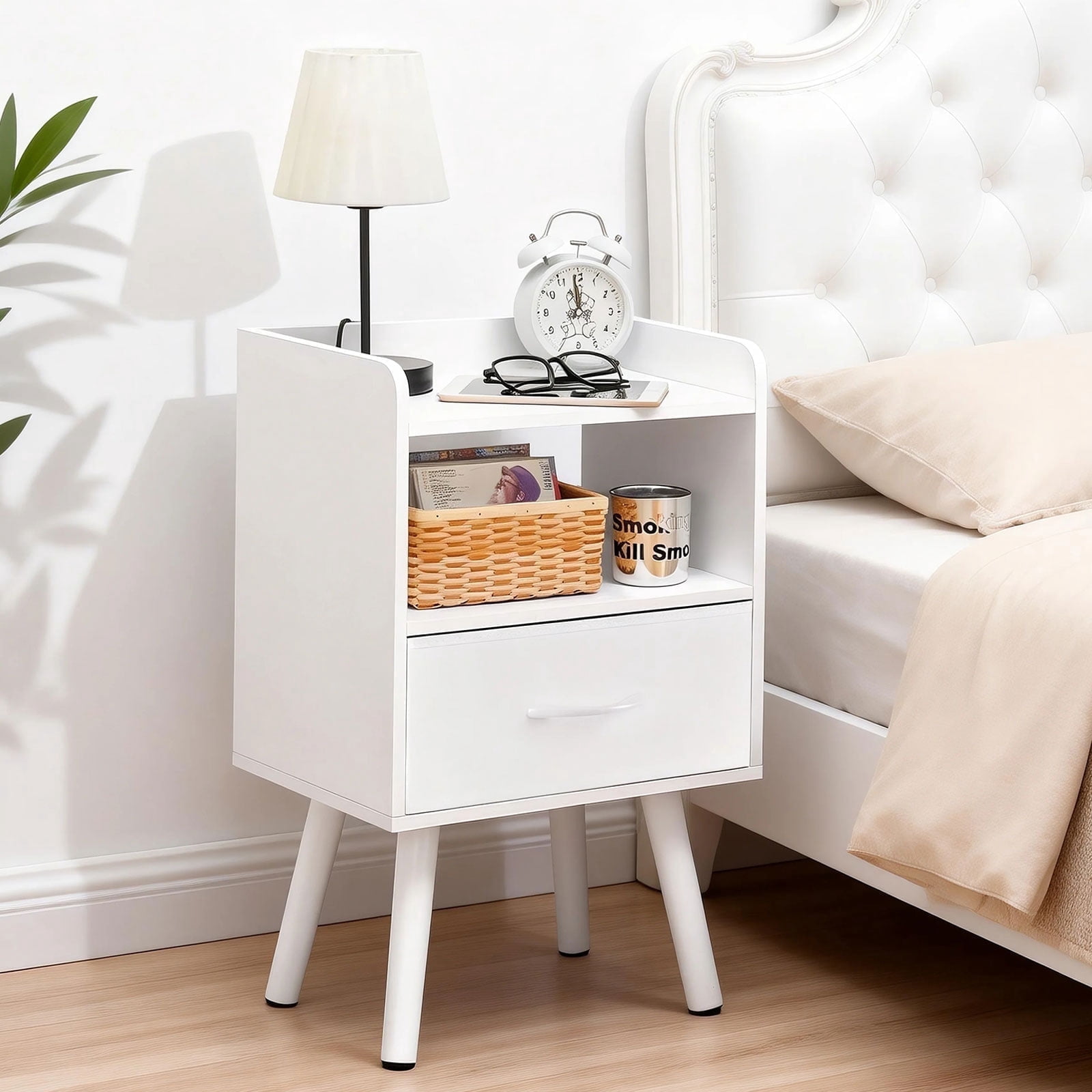 YUBO Co.ltd Modern NightStand with Fabric Drawer, Mid Century Modern Bedside Table with Open Shelf, Wood End Side Table for Bedroom Living Room, White