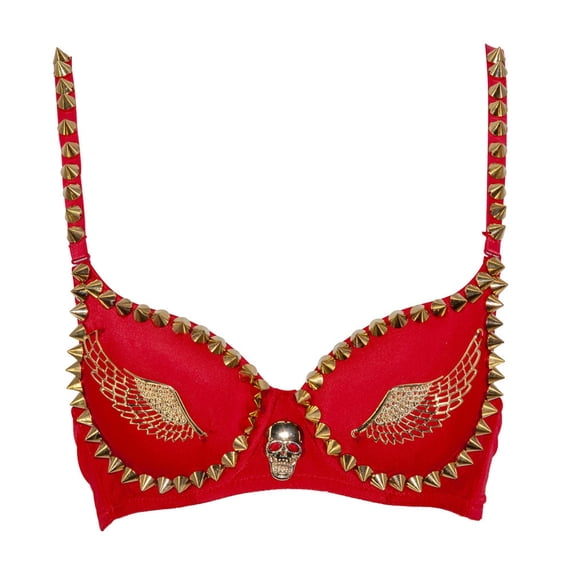 Nightclub Stage Queen European and American Punk Rivet Wings Bra Fashionable Sexy Interesting Bra-Red-S