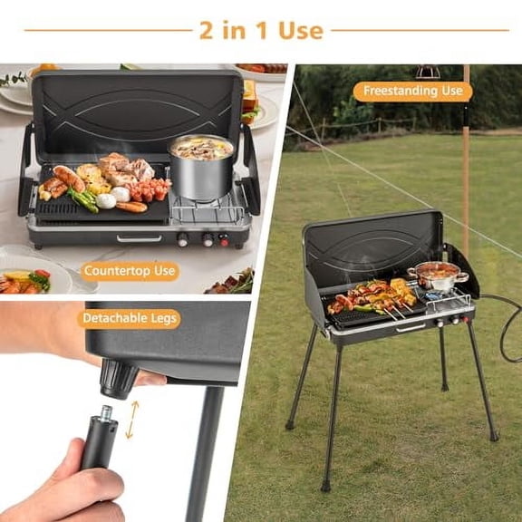 Nightcore 2-Burner Propane Camping Stove, Portable Camp Grill with Detachable Legs, Roast Grill & 3-Sided Wind Screen, 22,000 Total BTUs of Power, Outdoor Grill Stove for Camping B