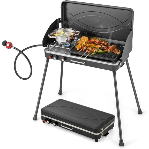 Nightcore 2-Burner Propane Camping Stove, Portable Camp Grill with Detachable Legs, Roast Grill & 3-Sided Wind Screen, 22,000 Total BTUs of Power, Outdoor Grill Stove for Camping BBQ Picnic, Black