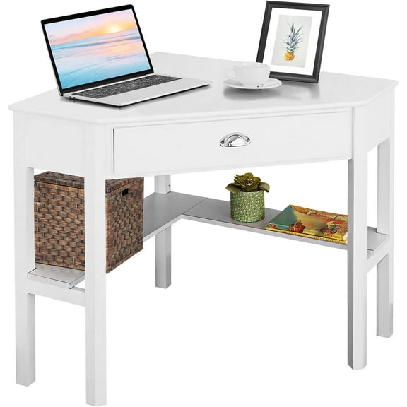 Nightcore Corner Desk for Small Space, Wood Corner Computer Desk, Compact Writing Table w/Drawer & Storage Shelves, Space Saving Study Workstation, Laptop PC Corner Table for Home Office