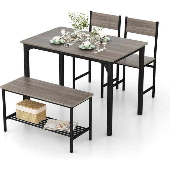 Nightcore Dining Table Set for 4, Dinette Set w/Bench & Chairs, 2-Person Kitchen Table and Chairs w/Metal Frame & Storage Rack, Space-Saving Kitchen Table w/Bench for Apartment (Grey), Small