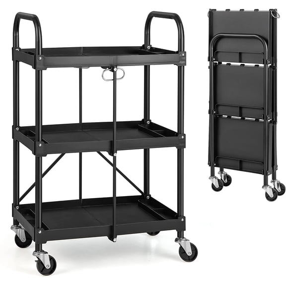Nightcore Folding Utility Cart, 3-Tier Food Service Cart w/Lockable Wheels, 330LBS Capacity, Heavy-Duty Metal Frame Collapsible Utility Cart, Rolling Tool Cart for Home Garage