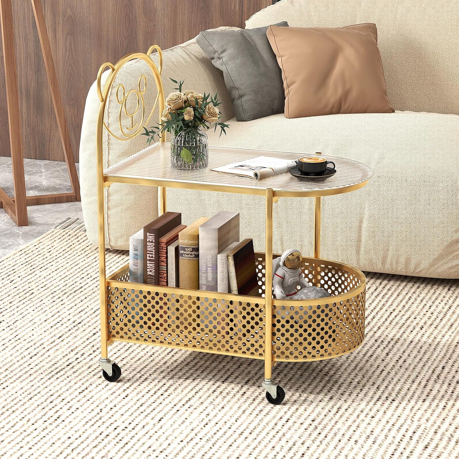 Lockable Table Nightcore Modern Glass Coffee Table, 2-Tier Mobile Round Side Table w ...