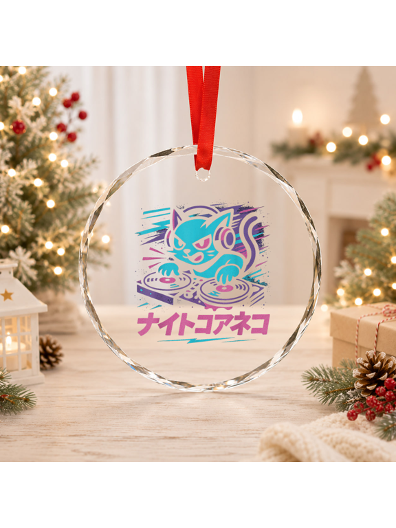 Nightcore Music Cute Kawaii DJ Cat Aesthetic Music Lover Jam Session Glass Ornament