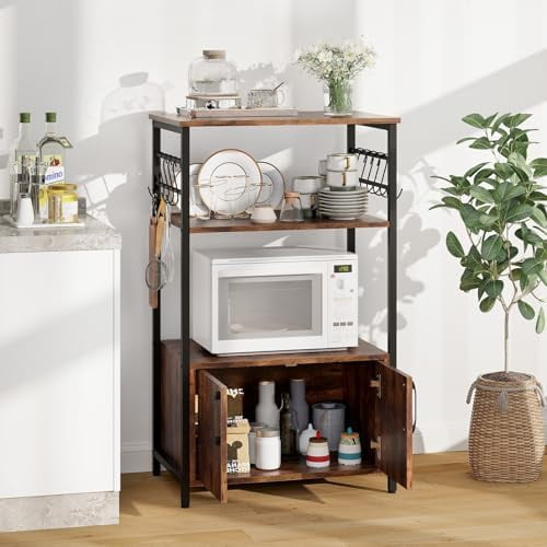 Nightcorew/Storage, Industrial Microwave Oven Stand w/ 2 Open Shelves, 10 S-Shaped Hooks, 3-Tier Coffee Bar Pantry Cabinet with Hutch, Freestanding Shelves Spice Rack, Brown