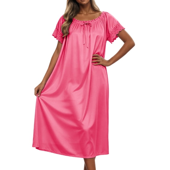 Nightdress with Lace Sleeves for Women Solid Color Crew Neck Short Sleeve Midi Length Loose Ice Silk Nightgown Watermelon Red One Size