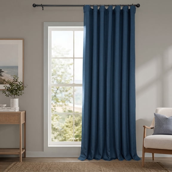 Half Price Drapes Nightfall Navy Faux Linen Extra Wide Room Darkening Curtain (1 Panel), 100W X 108L