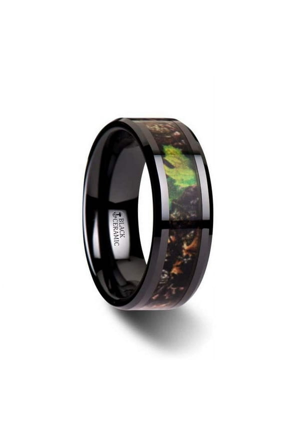 Nightfall Realistic Tree Camo Black Ceramic Wedding Band With Green Leaves