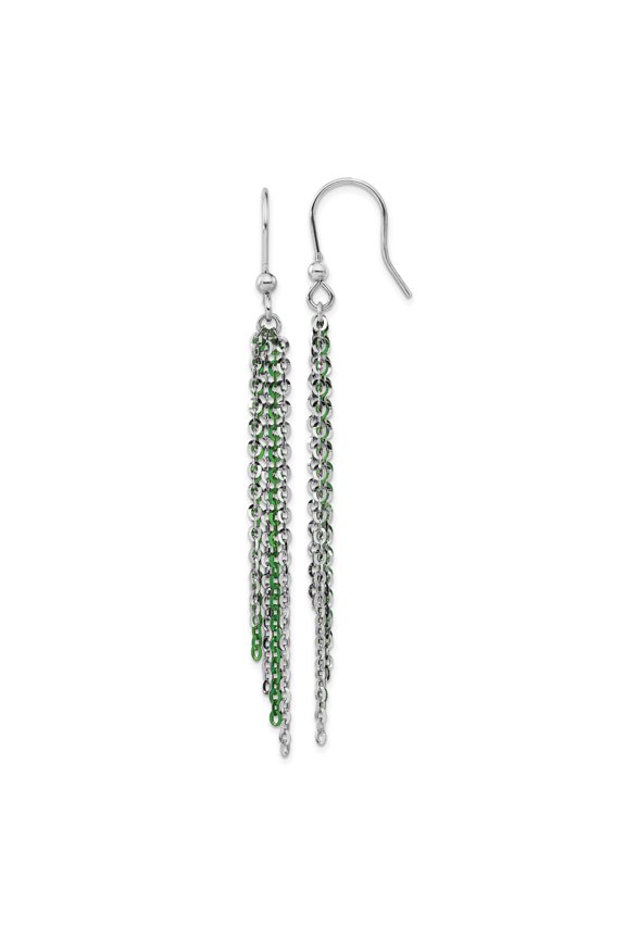 Sterling Silver Rhodium & Green Flash-Plated Chain Dangle Earrings