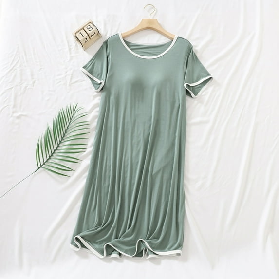 Nightgown For Women Casual Solid Color Round Neck Mid Calf Sleepwear Soft Cozy Lightweight Modal Homewear Dress Green XL