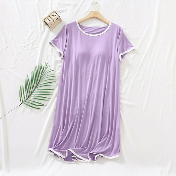 Nightgown For Women Casual Solid Color Round Neck Mid Calf Sleepwear Soft Cozy Lightweight Modal Homewear Dress Purple L
