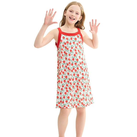 Nightgown For Girls 6-7 Spaghetti Strap Nightdress Nightgown Kids Girls Pajama Dress Girls Mermand Scale Soft Fit Cartoon Printed Fashion Wearing #Red 10-12 Years