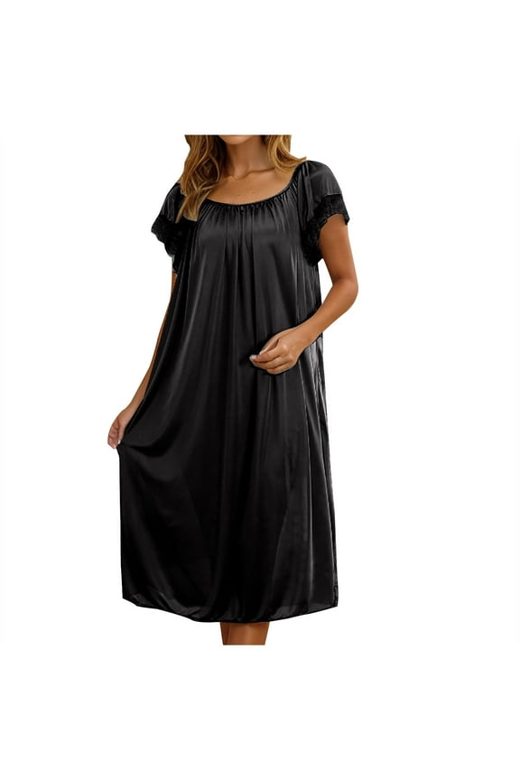 Nightgown Long New Women's Satin Silk Pleated Nightgown Loose Sleepwear Plus Size Nightshirt Short Sleeve Sleep Dress Black One Size