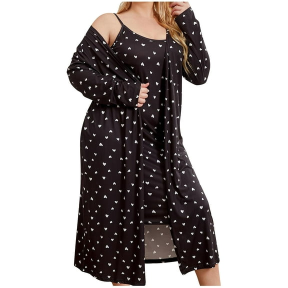 Nightgown Robe Set for Womens 2 Piece Plus Size Slip Dress Loose Bathrobe Comfortable Soft Pajama Set (4XL, Black)