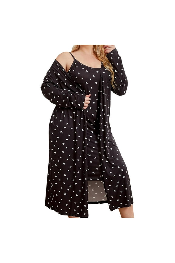 Nightgown Robe Set for Womens 2 Piece Plus Size Slip Dress Loose Bathrobe Comfortable Soft Pajama Set (4XL, Black)
