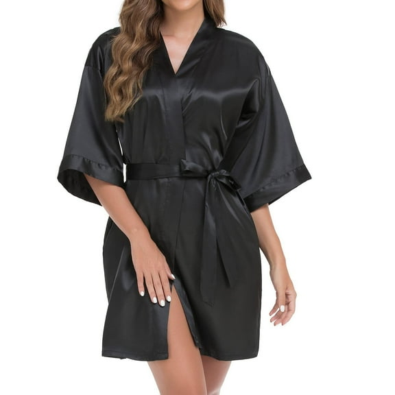 Nightgown Women Short Kimono Robe Silky Satin Bathrobe Bridesmaids Sleepwear Black S