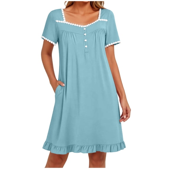 Nightgown Women Short Sleeve Women’s Square Collar Sleep Dress Short Sleeve Button Nightgown with Pocket Loose Ruffle Hem Casual Home Midi Night Dress Light Blue S