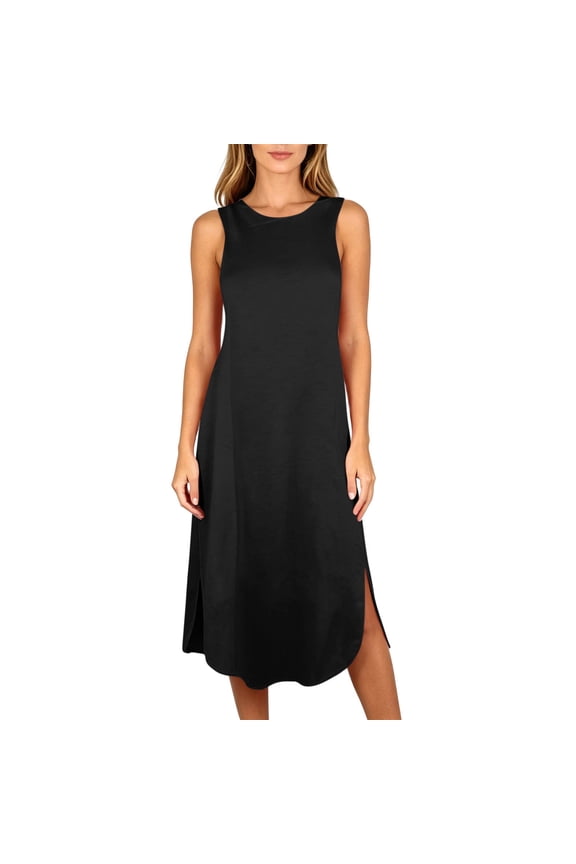 Nightgown For Women Sleeveless Round Neck Midi Sleep Dress with Side Pockets and Slit for Home Lounge Weekend Relaxation Evening Routine Casual Summer