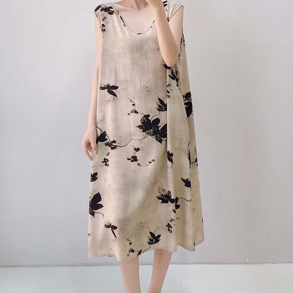 Nightgown Women's Long Cotton Sleep Dress Vintage Floral Sleeveless Nightshirt with Pockets Khaki Free Size