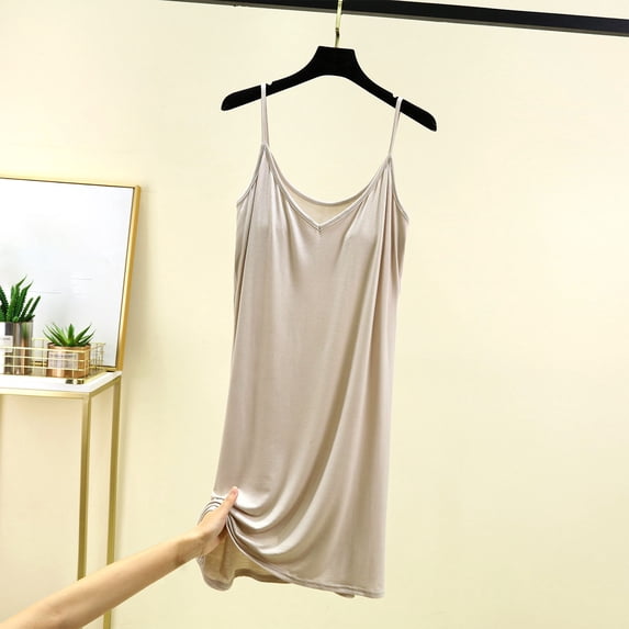 Nightgown Women's Sleeveless House Dress Long Cotton Button Down Nightdress With Chest Pad Soft Ladies Sleepwear Beige L