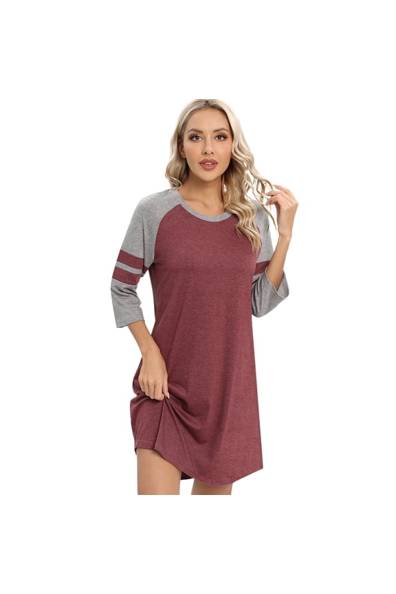 Nightgown for Womens 3/4 Raglan Sleeve Nightshirt Crew Neck Color Block Sleepwear Above Knee-Length Nightdress Soft Cozy Tee Sleepshirt Loungewear Loose Casual Lounge Pajama Dress, S-3XL