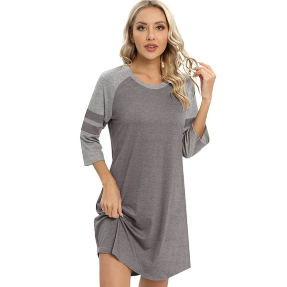 Nightgown for Womens 3/4 Raglan Sleeve Nightshirt Crew Neck Color Block Sleepwear Above Knee-Length Nightdress Soft Cozy Tee Sleepshirt Loungewear Loose Casual Lounge Pajama Dress, S-3XL