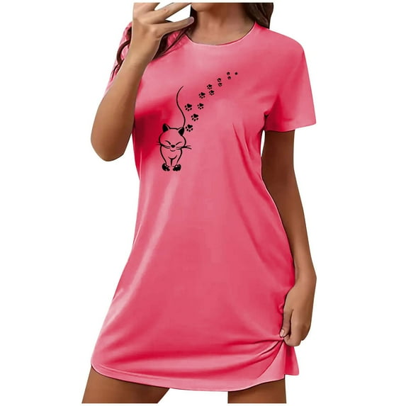Nightgown for Woman Cute Cat Printed Summer T-Shirt Dress Short Sleeve Sleep Shirt Crewneck Tunic Tops Sleepwear