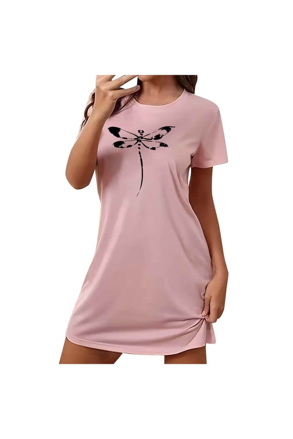 Nightgown for Woman Dragonfly Print Cute T-Shirt Dress Short Sleeve Sleep Shirt Summer Crewneck Tunic Tops Sleepwear