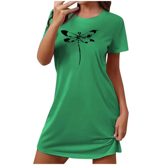 Nightgown for Woman Dragonfly Print Cute T-Shirt Dress Short Sleeve Sleep Shirt Summer Crewneck Tunic Tops Sleepwear