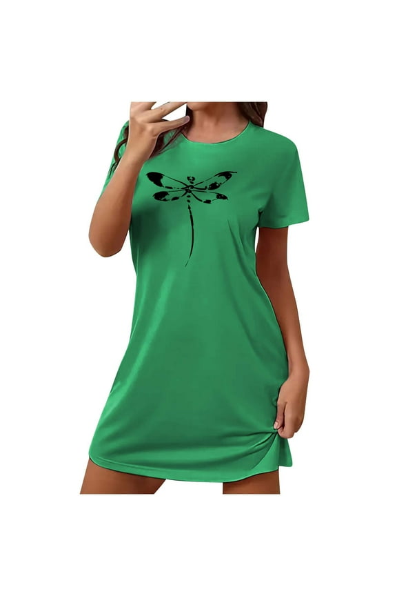 Nightgown for Woman Dragonfly Print Cute T-Shirt Dress Short Sleeve Sleep Shirt Summer Crewneck Tunic Tops Sleepwear