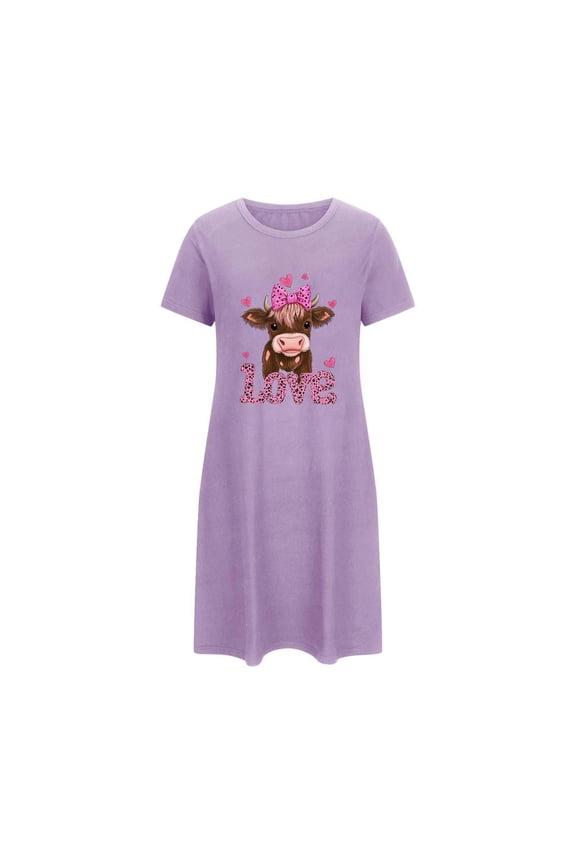 Nightgown for Woman Night Dress Short Sleeve Highland Cow Love Printed Sleep Shirt Cute Holiday Sleepwear Soft Ladies Nightwear