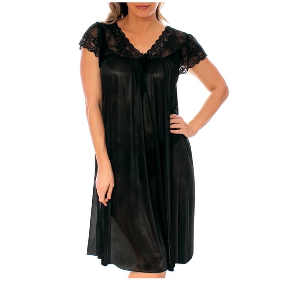 Nightgown for Women Cap Sleeves Plus Size Sexy Silky Feeling with a Floral Lace Design, Black, 3X-Large