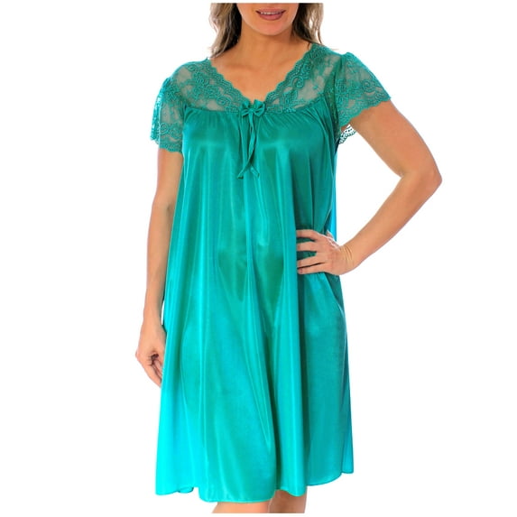Nightgown for Women Cap Sleeves Plus Size Sexy Silky Feeling with a Floral Lace Design, Teal, 3X-Large