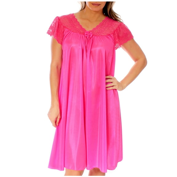 Nightgown for Women Cap Sleeves Sexy Silky Feeling with a Floral Lace Design, Bright Pink X-Large