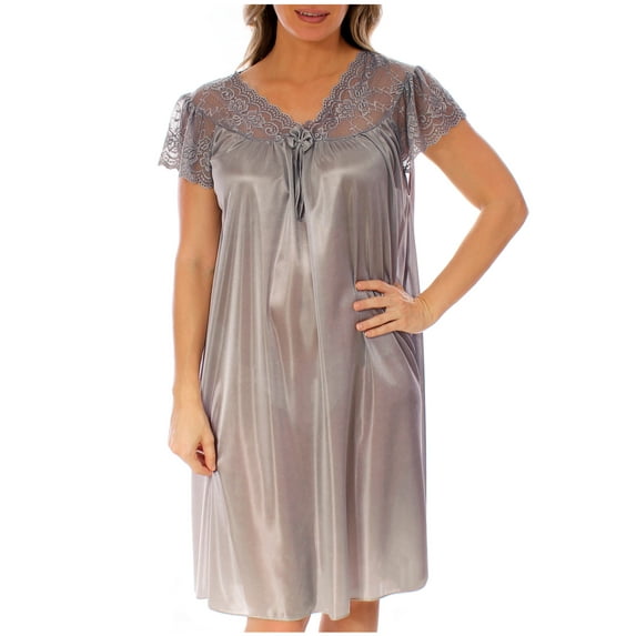 Nightgown for Women Cap Sleeves Sexy Silky Feeling with a Floral Lace Design, Charcoal Medium