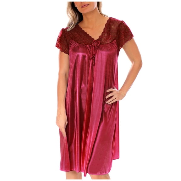 Nightgown for Women Cap Sleeves Sexy Silky Feeling with a Floral Lace Design, Wine Large