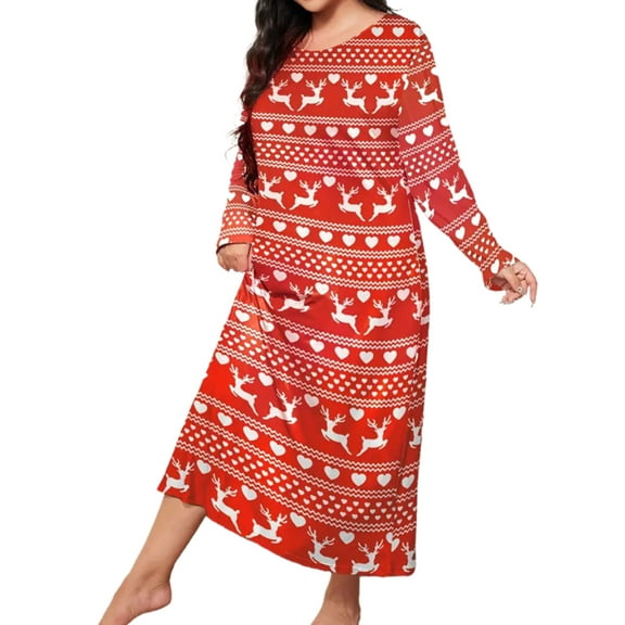 Nightgown for Women Christmas Day Plus Size Long Maxi Loungewear Scoop Neck Sleepwear Full Length Pajama Dresses Shermie