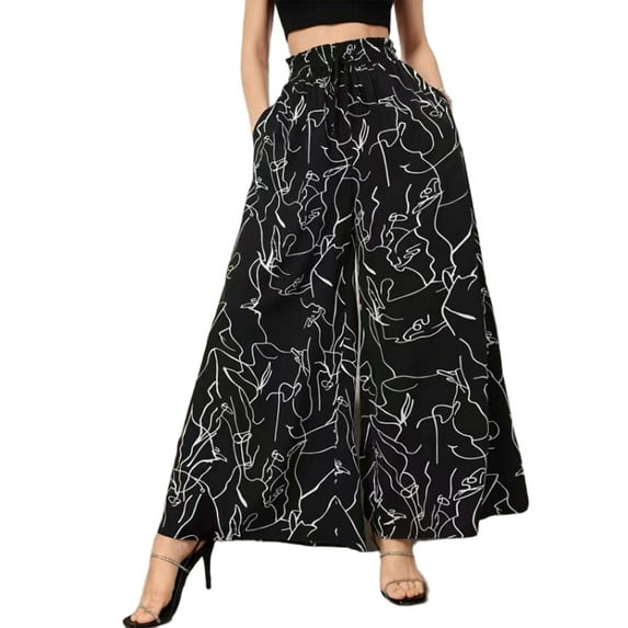 Cuteduck Women's Plus Size Wide Leg Palazzo Pants Fall Printed High-Waisted Loose Casual Pants with Pockets 1X-4X