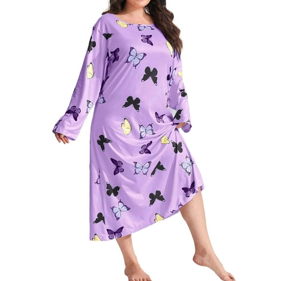 Nightgown for Women Plus Size Butterfly Long Maxi Loungewear Scoop Neck Sleepwear Full Length Pajama Dresses Shermie