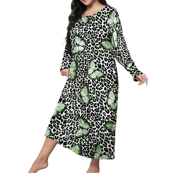 Nightgown for Women Plus Size Leopard Long Maxi Loungewear Scoop Neck Sleepwear Full Length Pajama Dresses Shermie