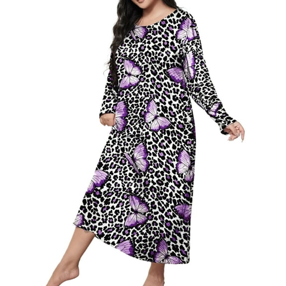 Nightgown for Women Plus Size Leopard Long Maxi Loungewear Scoop Neck Sleepwear Full Length Pajama Dresses Shermie