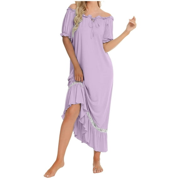 Nightgown for Women Solid Color Short Sleeve Comfort Sleep Dress Loungewear Purple S
