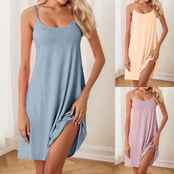 Nightgown with Built in Bra Racerback Sleeveless Night Shirt Spaghetti Strap Loose Fit Breathable Sleepwear Lightweight Sleepdress Z04 Blue L