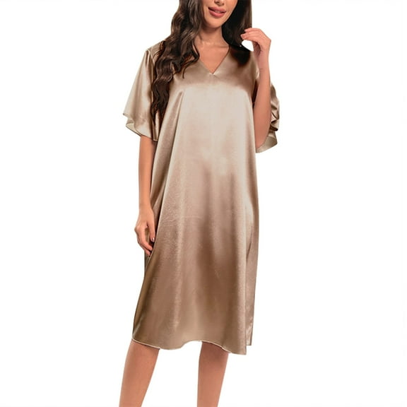 Nightgowns For Women Silk Satin Solid Color Loose Nightshirt Short Sleeve Loungewear Soft Oversize Sleepshirt Sleepwear Home Wear