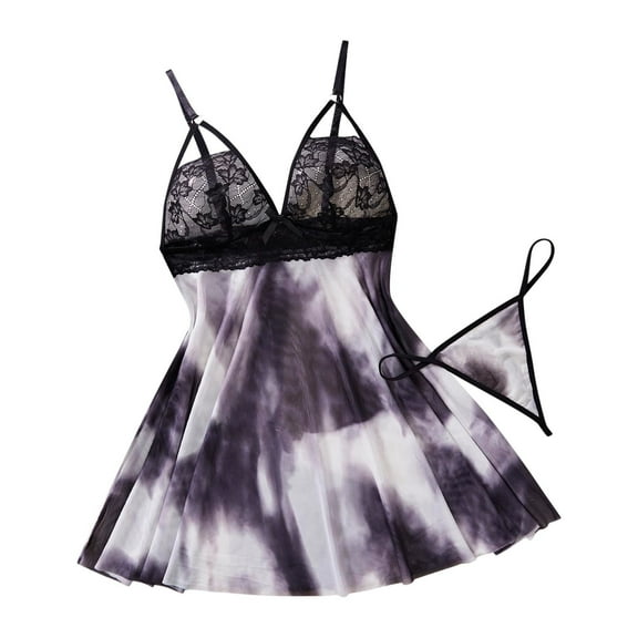 Nightgowns for Women Honeymoon V Neck Lace Chemise Dress Mesh Sheer Negligee with Panty Sleepwear Underwear Set Pajama Sets for Women 2 Piece Pants Black L