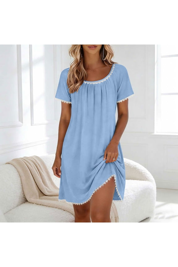 Nightgowns for Women Pleated Sleep Shirts Cute Dresses For Women Short Sleeve Night Shirts Lace Trim Night Gown Ladies Sleep Dress Plus Size Dresses For Women