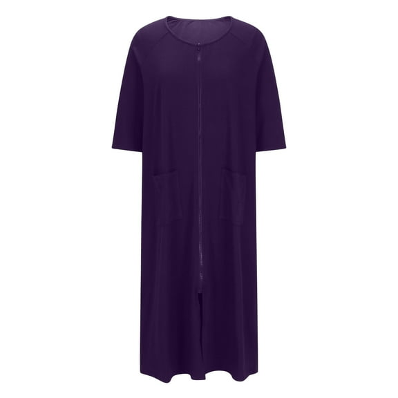 Nightgowns for Women Soft Cotton on Clearance Women Robes Zipper Front Short Sleeve Full Length Housecoat Loose Loungewear Pajamas with Pockets New Purple L