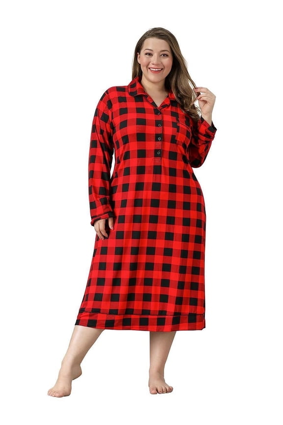 Plus Size Nightgowns for Women Soft Long Sleeved with Pockets Red Checkered Nightshirts, Sizes 1XL-4XL