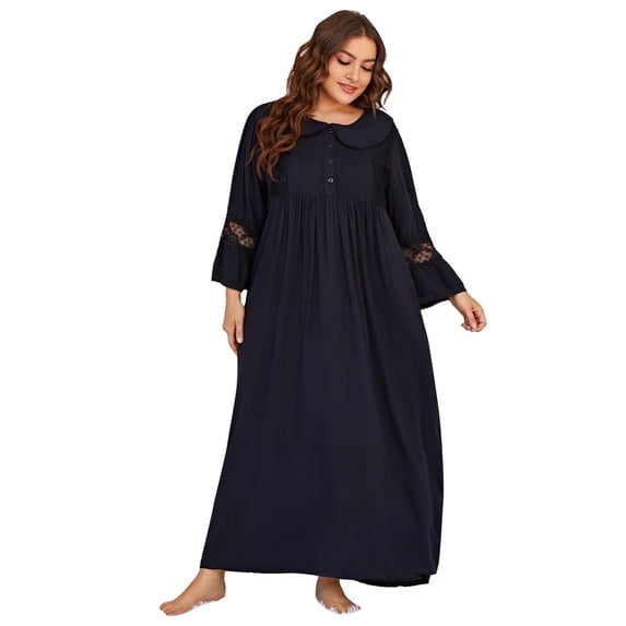 ebukurty Plus Size Nightgown for Women Black Long Sleeve Lace Pajamas, Sizes 1XL-4XL